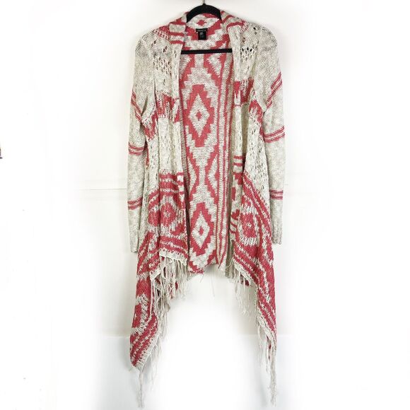 TORRID Tan Red Boho Southwest Draped Fringe Open Knit Sweater 00 Medium/Large - Picture 3 of 12